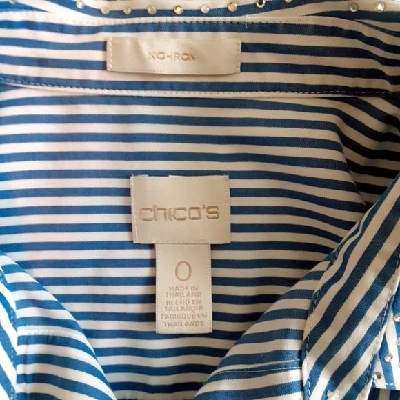 Women's Chico's Long Sleeved Blue Pin Stripe Shirt, Embellished Collar, Small - Picture 6 of 8